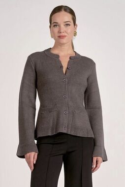 Elan Molly Grey Cardigan Flare Sleeve  Button Crew Neck Long Sleeve Women's L